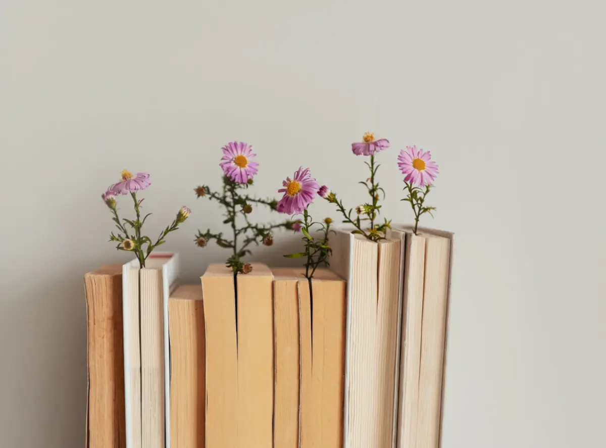livres alignés d'où sortent des fleurs (libre de droit)
